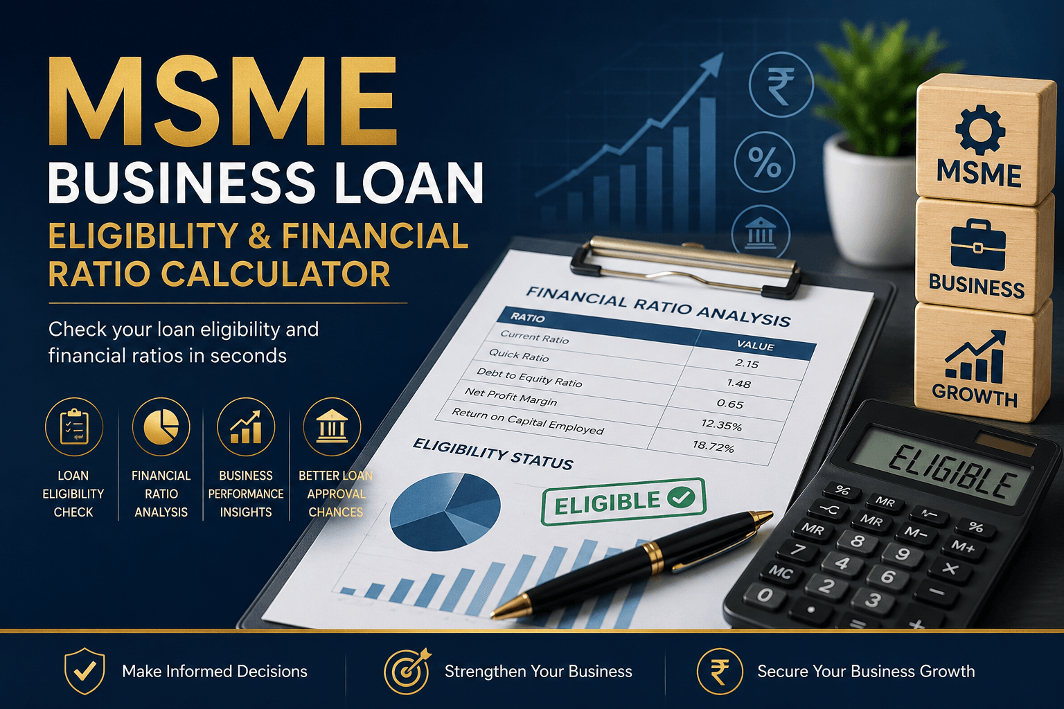 Promotional graphic for an MSME Business Loan Eligibility and Financial Ratio Calculator. It features a financial analysis clipboard with an 'Eligible' stamp, a calculator, and icons highlighting key features like loan eligibility checks, financial ratio analysis, and business performance insights for Mookherjee Associates