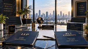 News & Insights 4 Two corporate folders on an office desk illustrating a Private Limited Company vs LLP business structure comparison for Mookherjee associates