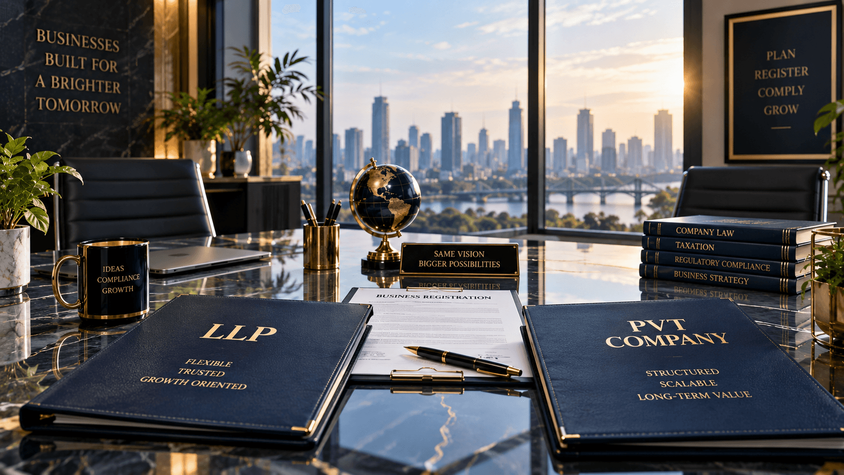 Two corporate folders on an office desk illustrating a Private Limited Company vs LLP business structure comparison for Mookherjee associates