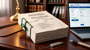 News & Insights 3 Physical ITATPhysical paper book bound with green string and a digital signature certificate (DSC) token prepared for ITAT appeal filing and Form 36 online submission by Mookherjee Associates.